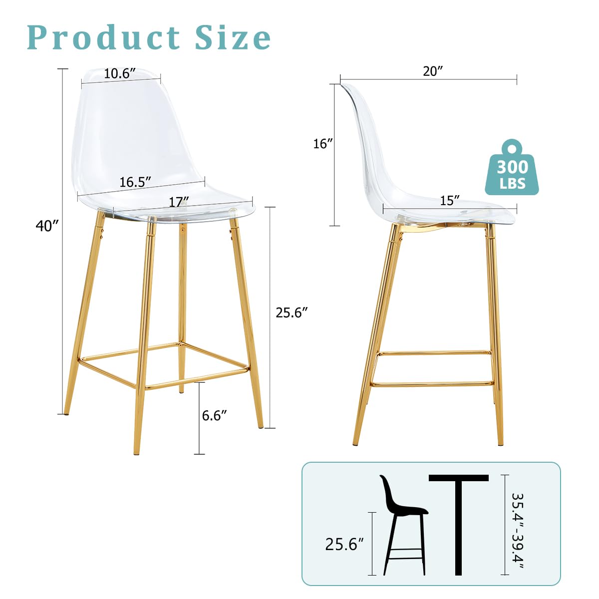 Clear Acrylic Backrest Bar Stools w/Gold Legs, 26" Counter Height