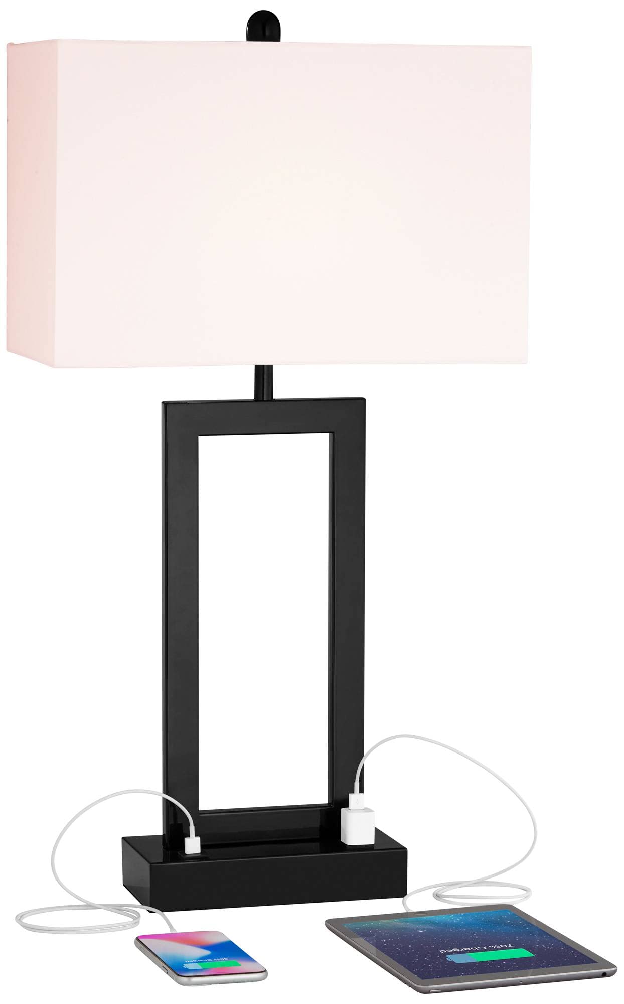 Black Table Lamps Set of 2 USB Port, 30" Tall Modern Rectangular