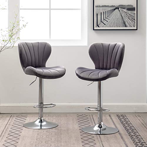 Barstools Set of 2, Adjustable Swivel, Gray Velvet