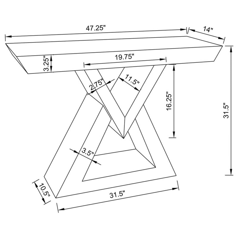 Silver Console Table with Mirrored Panels, Triangle Base