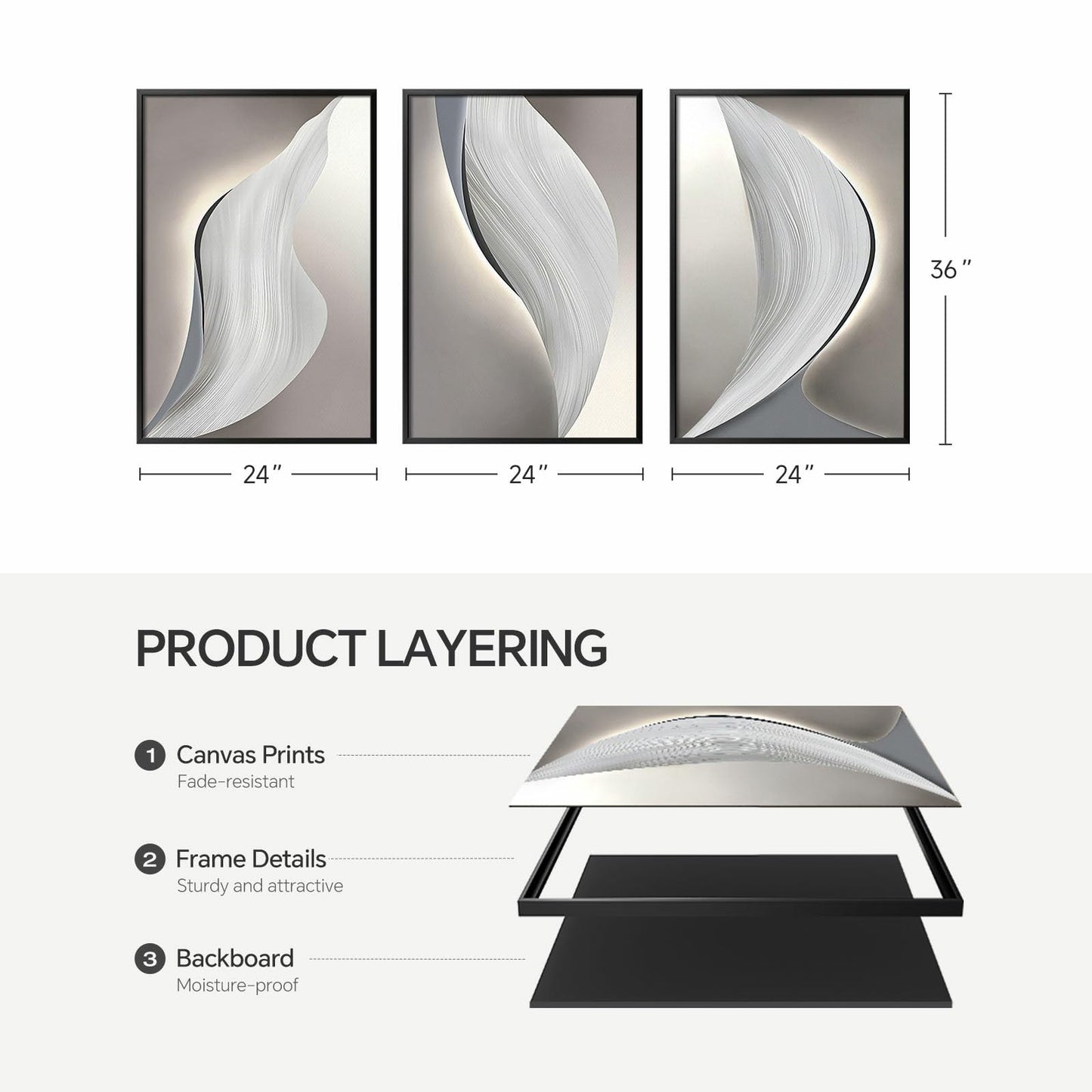 Modern Gray, Black and White Abstract, Framed Canvas Wall Art, Large 3 Piece,  24x36 Inch