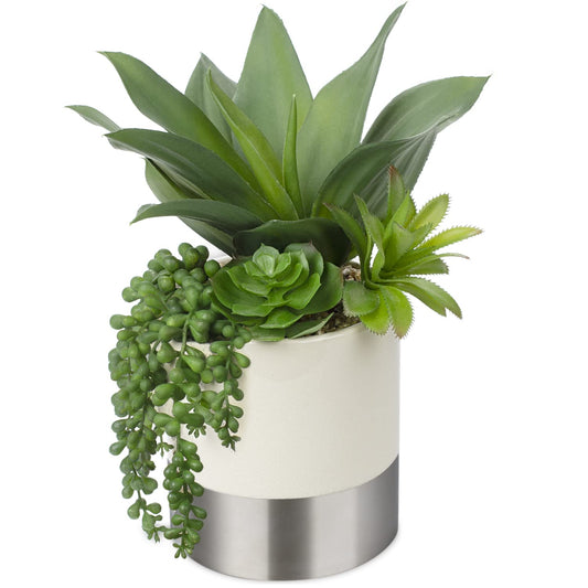 Sliver Ceramic Pot Artificial Faux Succulents Plants