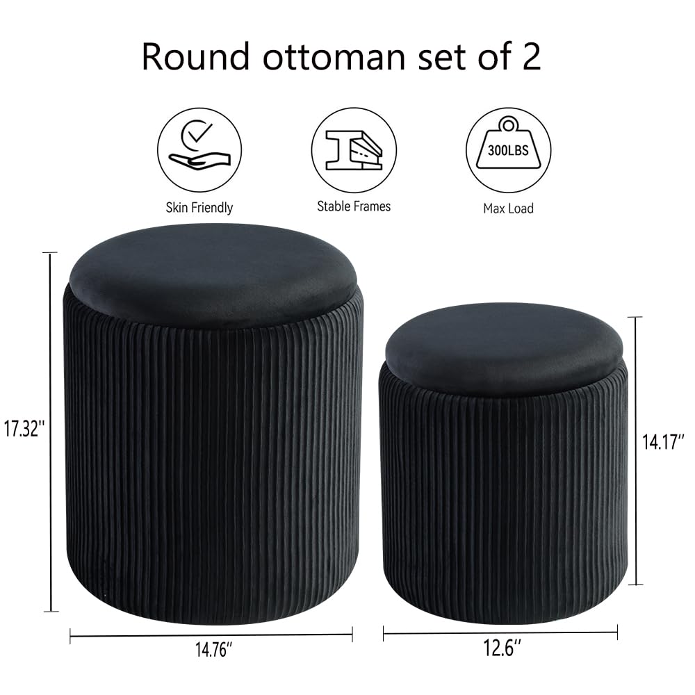 Black Round Ottoman Set with Storage