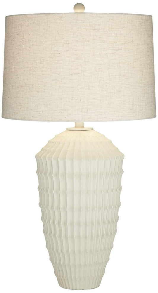 White-Ivory Table Lamp, 30" Tall Large Modern, Coastal Ridge Pattern