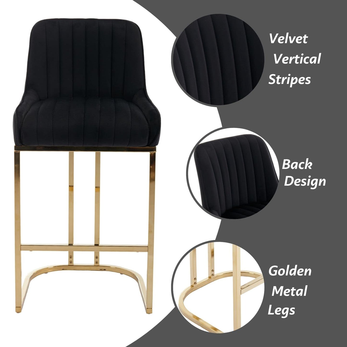 Bar Stools Set of 2, 26" Counter Height, Black - Velvet