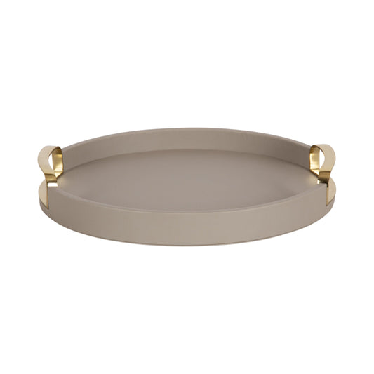 Taupe Round Tray with Gold Handles, Vegan Leather