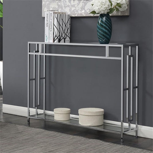 Silver Console Table, Modern Glass Top, Narrow for Entryway