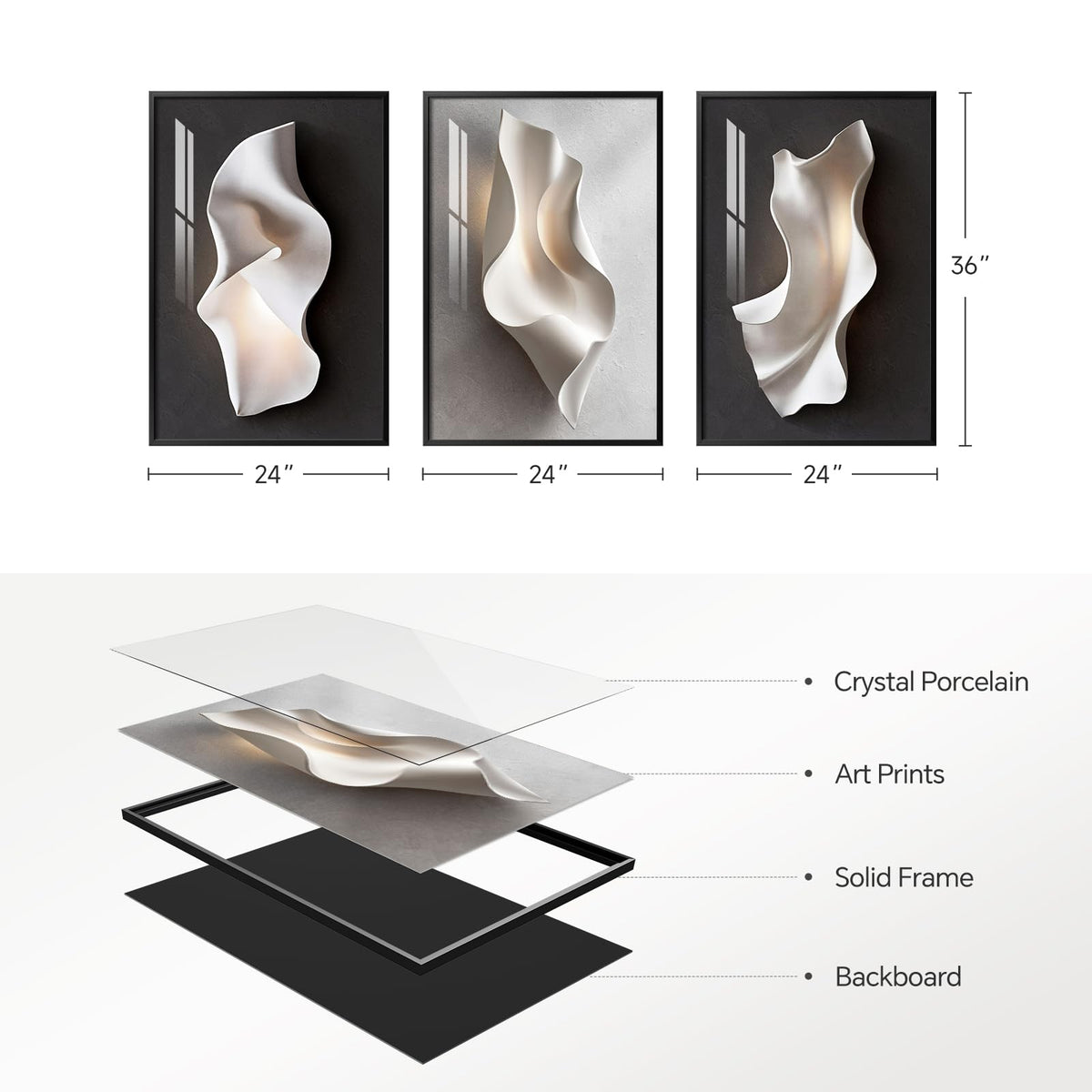 Framed Abstract Modern, Black and White Wall Art for Living Room, 24x36 Inch