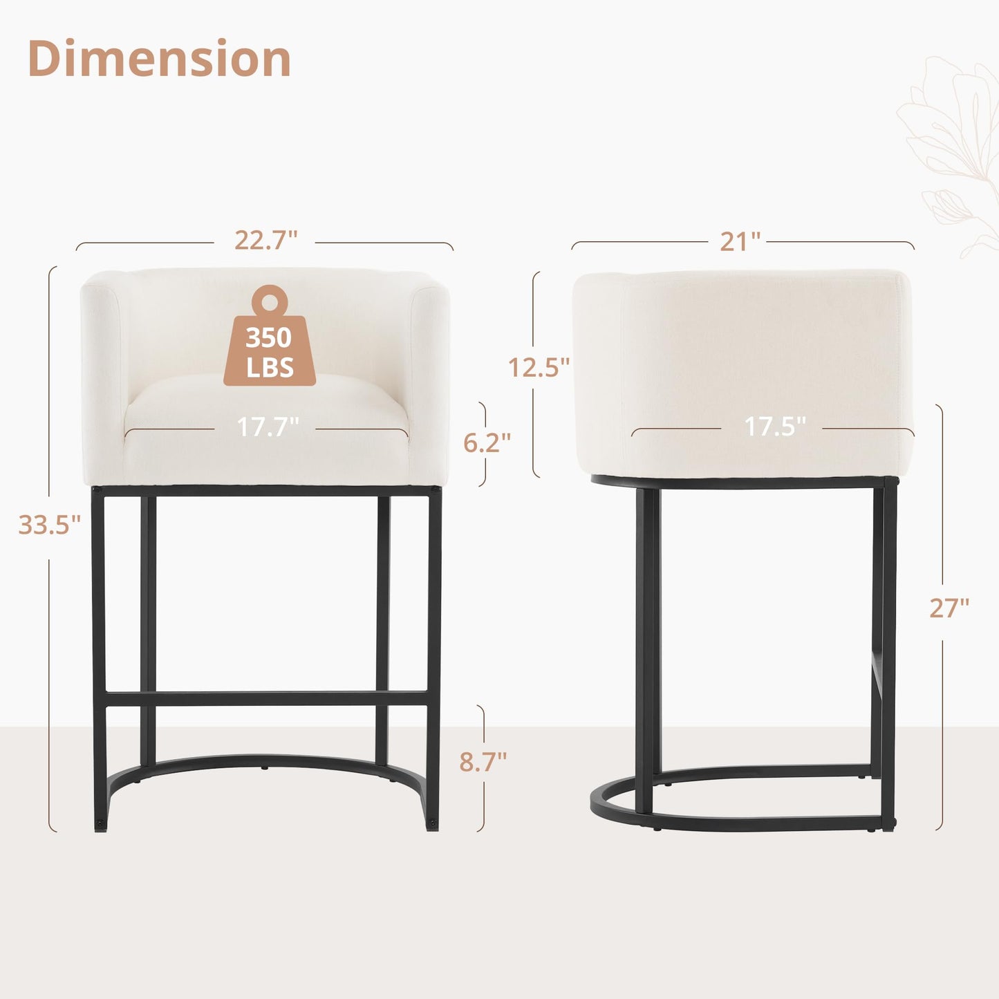 Beige Bar Stools Set of 2, 27" Counter Height, Black Metal Frames
