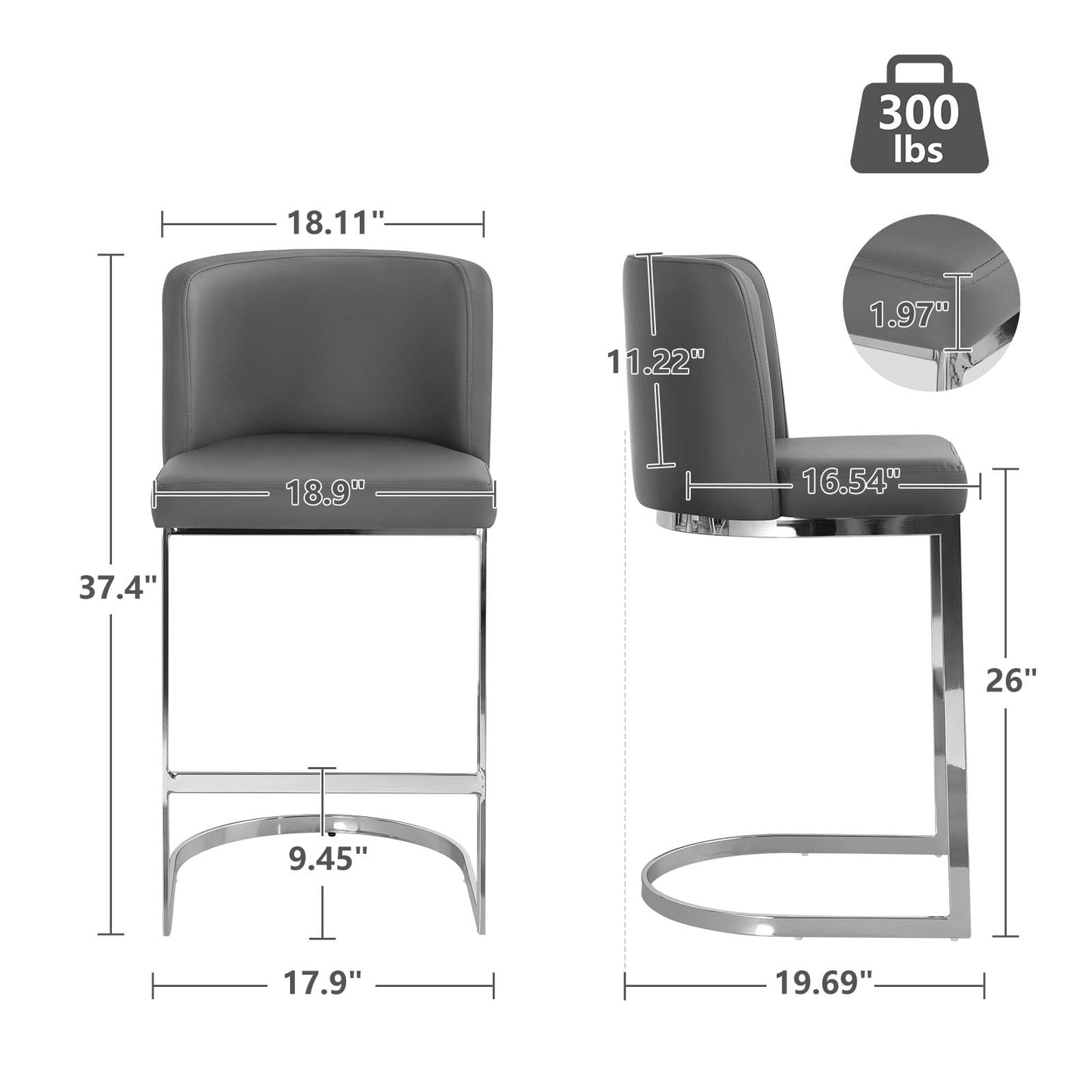 Gray Counter Height Bar Stools, 26" Faux Leather
