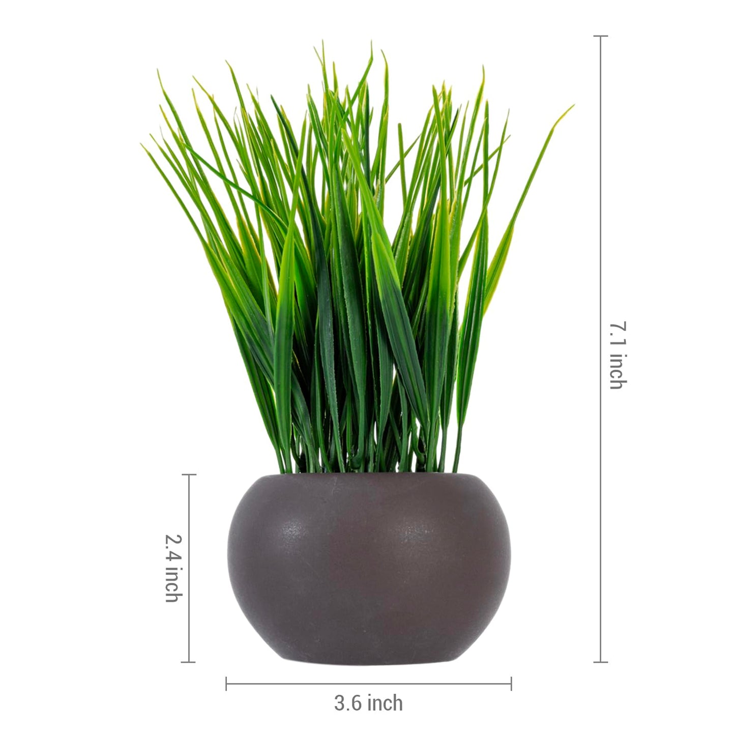 Modern Faux Grass Plant Set in Small Round, Brown Ceramic Pots