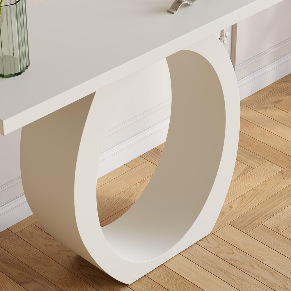 White Console Table, 39.4" Entryway, Circle Base Design