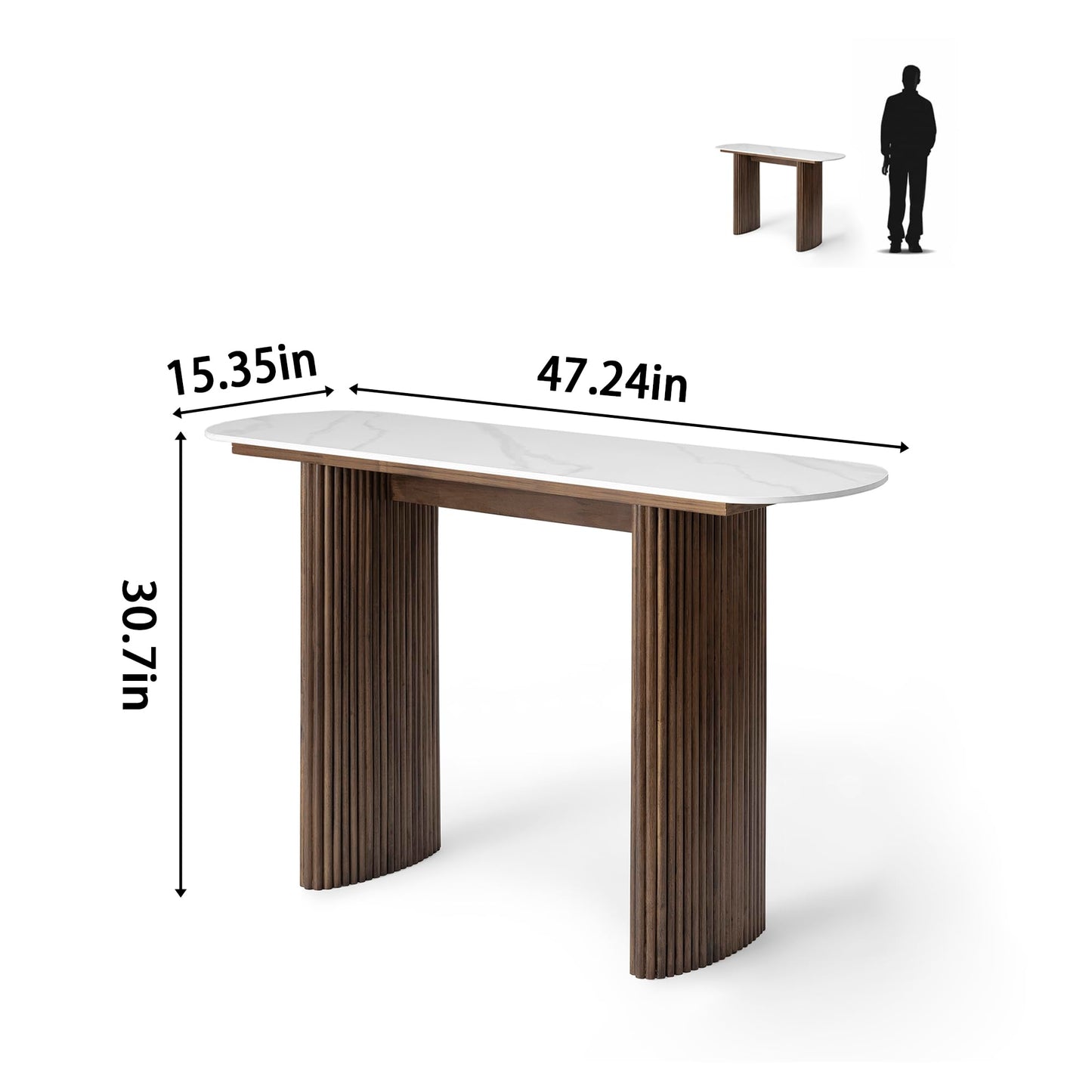 Walnut Brown Console Table with Marble Top, Fluted Solid Wood Base