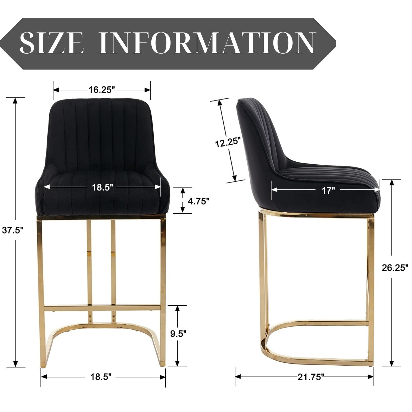 Bar Stools Set of 2, 26" Counter Height, Black - Velvet