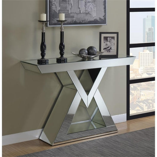 Silver Console Table with Mirrored Panels, Triangle Base