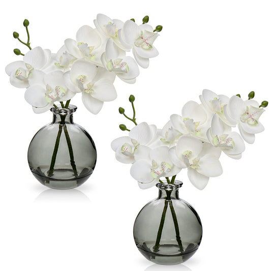White Orchids Artificial  Faux Orchid Flowers with Glass Vase Set