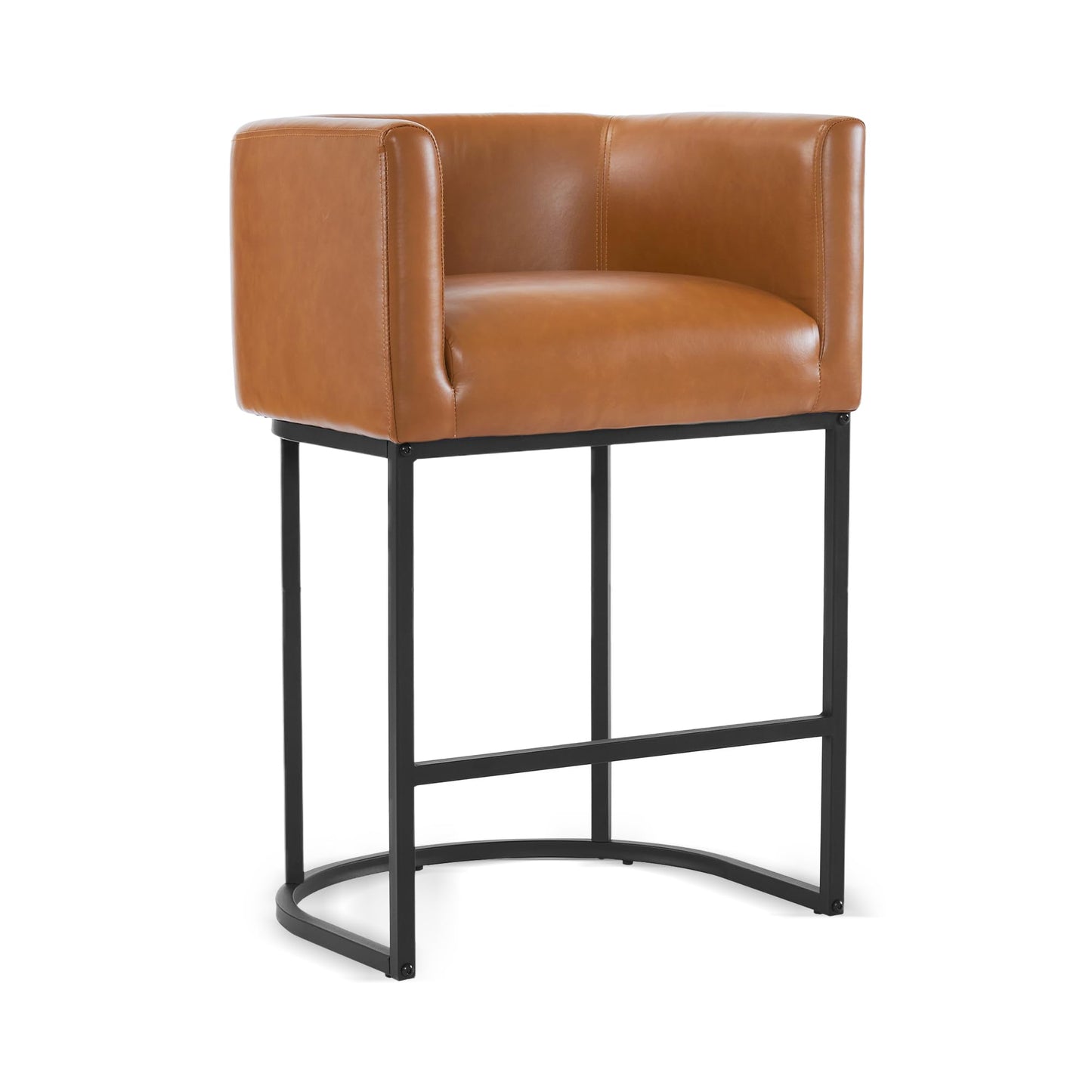 Brown Bar Stools Set of 3, Faux Leather, Barrel 27" Counter Height