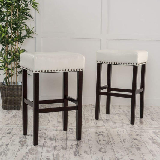 Ivory Backless Studded, Leather Barstools, 2-Pcs Set