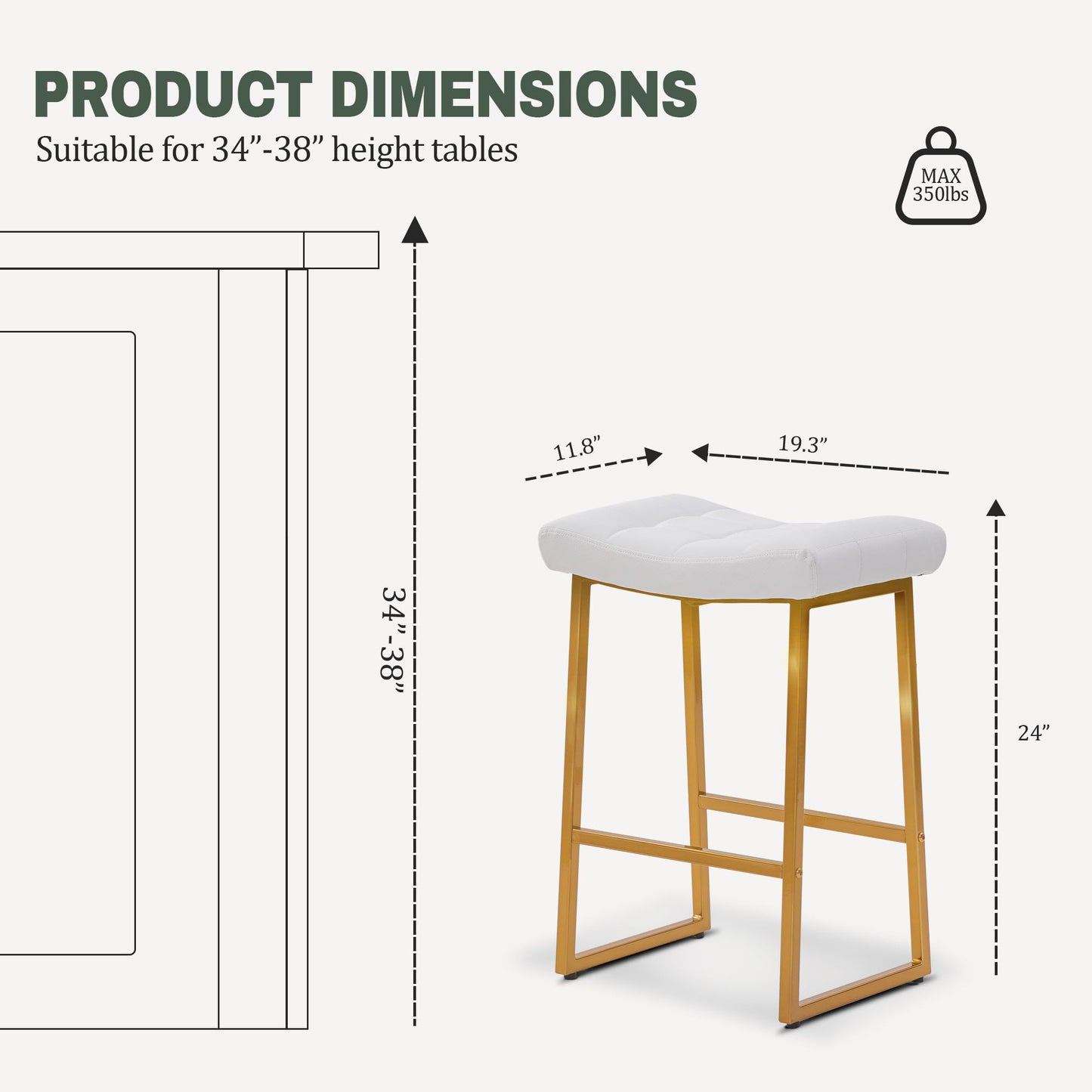Counter Height Bar Stools, Set of 2, Faux Leather 24″ - White