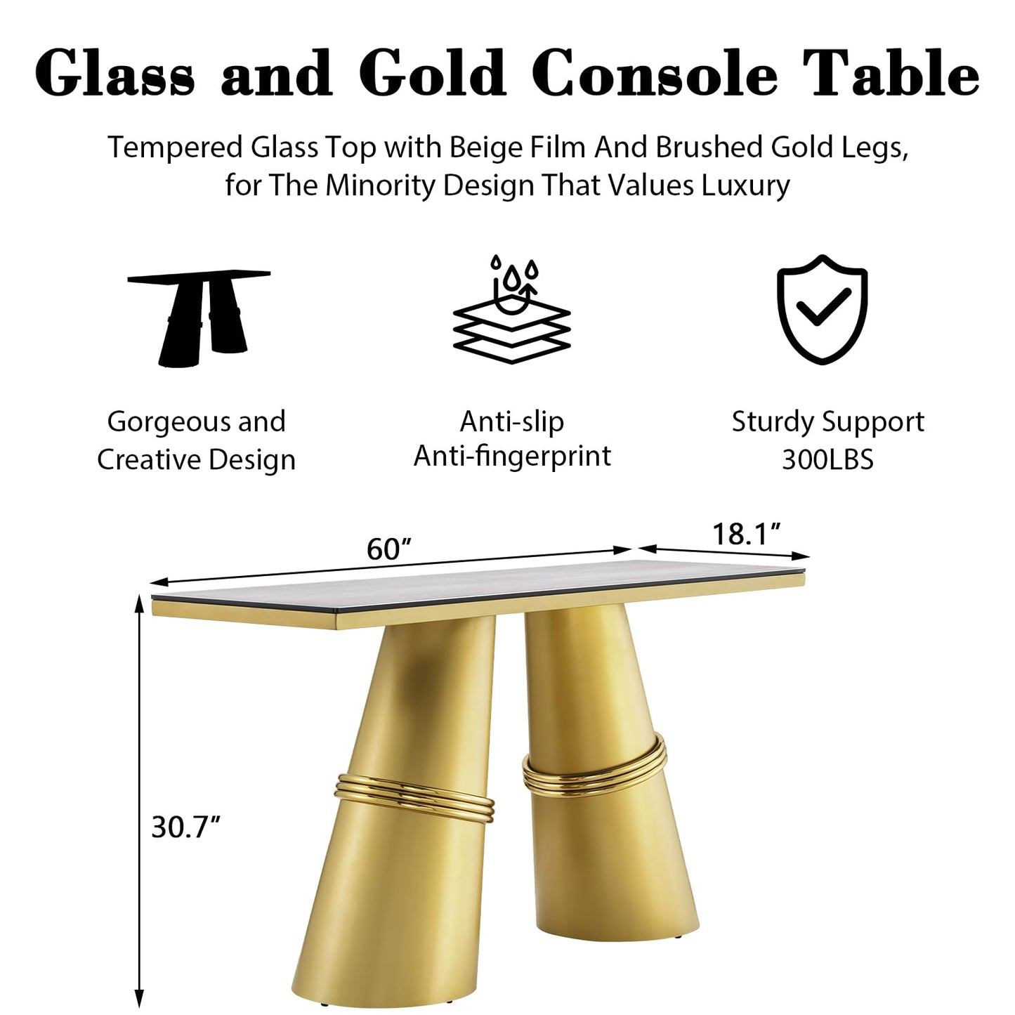 Gold Console Table, Tapered Barrel Base for Entryway