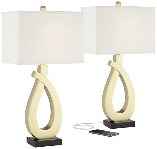 Gold Sculptural Modern Table Lamps 28" Tall Set of 2 with USB Charging Port