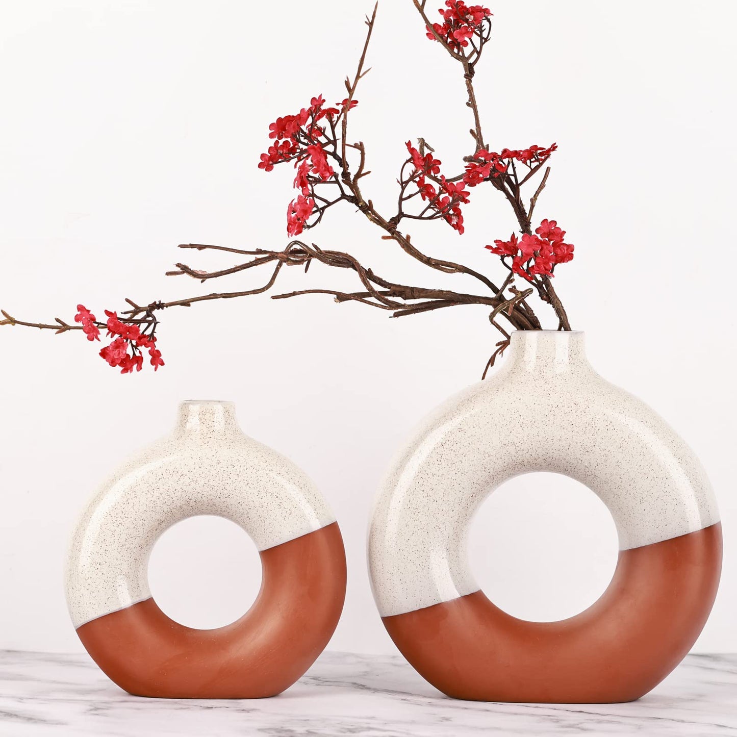 Cream Donut Vase, Clay-Brown Two-tone Modern Matte Ceramic