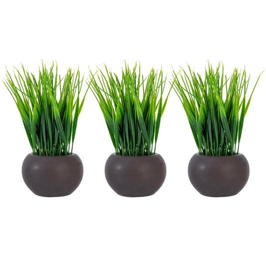 Modern Faux Grass Plant Set in Small Round, Brown Ceramic Pots