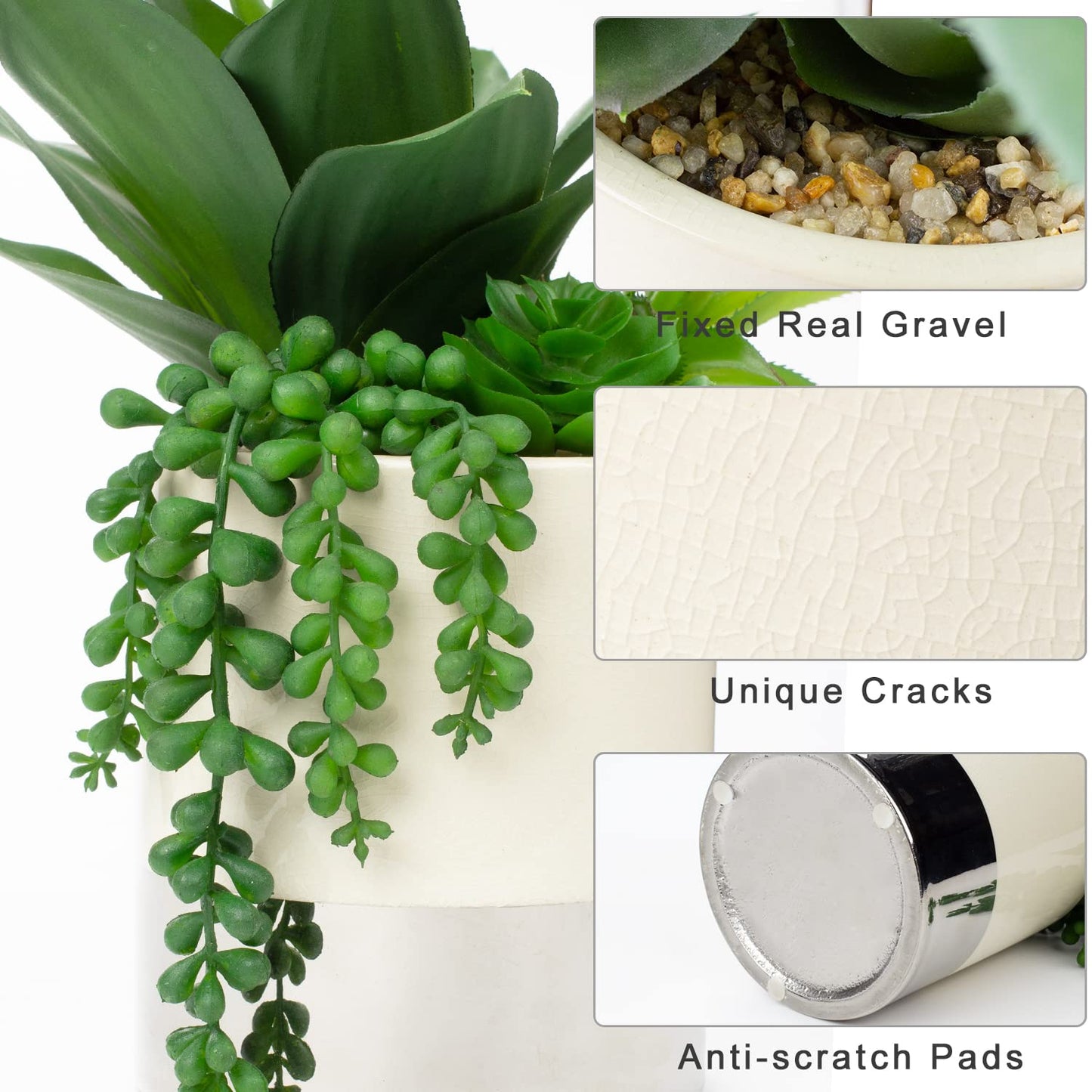 Sliver Ceramic Pot Artificial Faux Succulents Plants