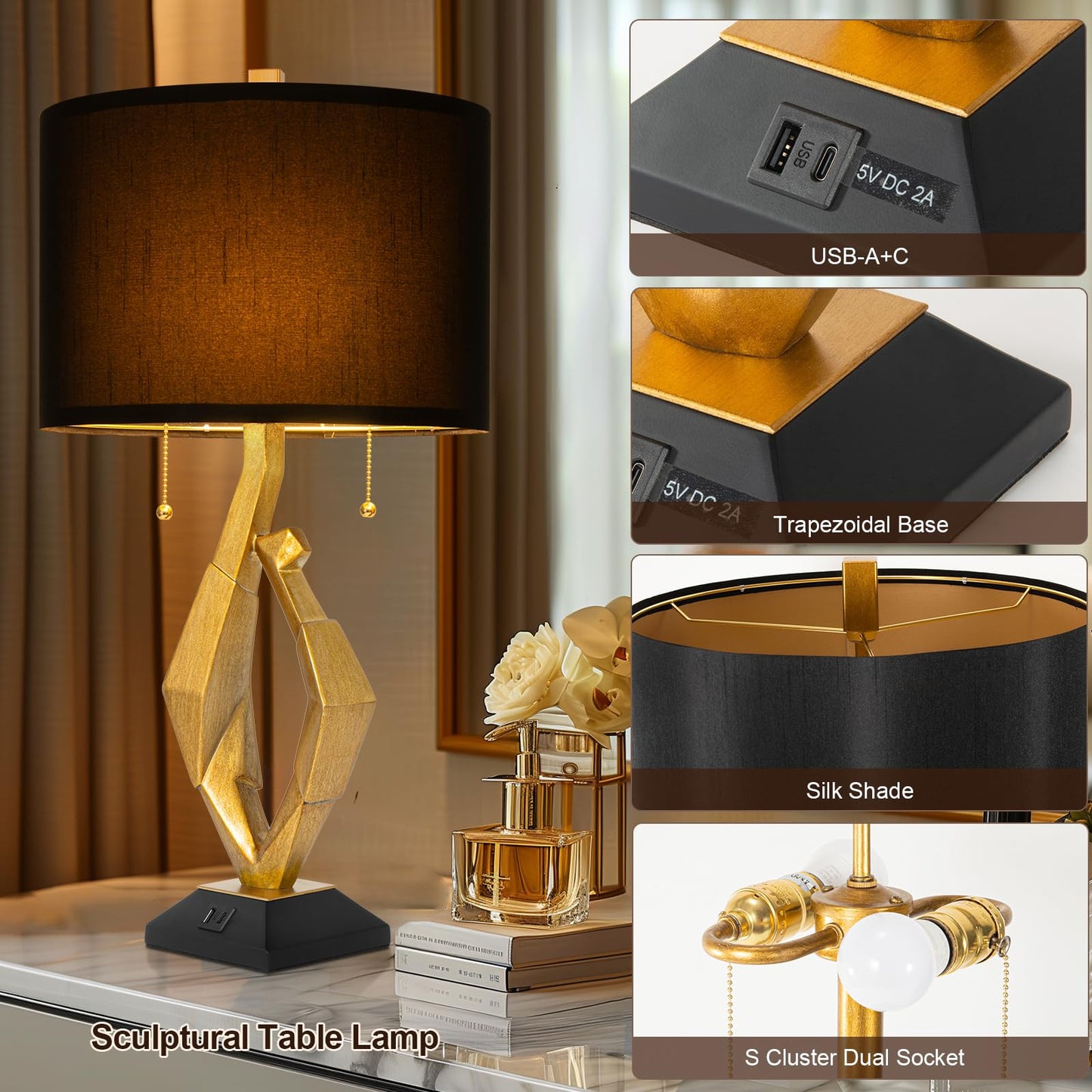 Black and Gold Table Lamp Set of 2 with USB Ports, Sculptural Luxury