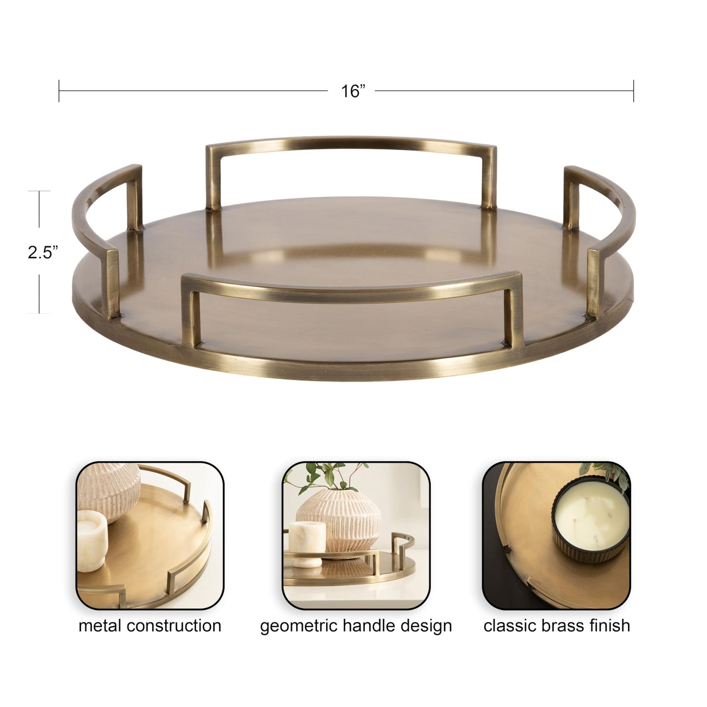 Gold Brass Round Tray with Handles for Home Decor