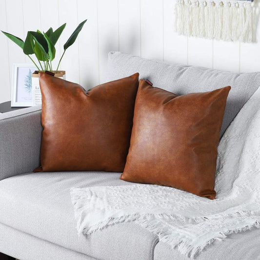 Brown Faux Leather Throw Pillow Covers