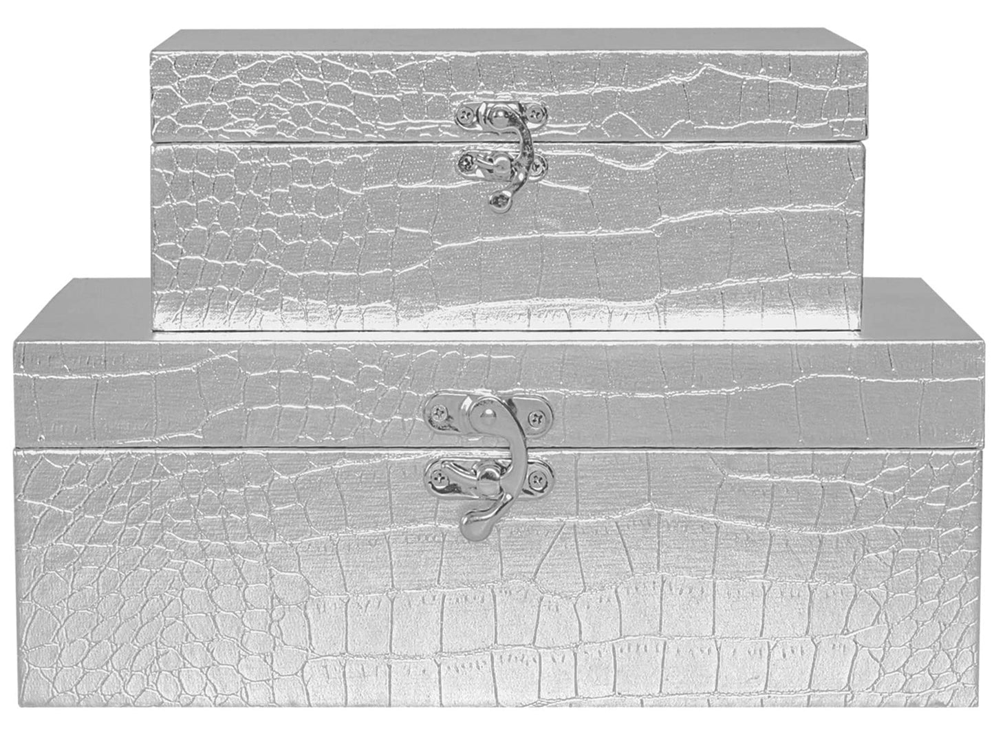 Silver Decorative Storage Boxes, Crocodile Leather with Clasp