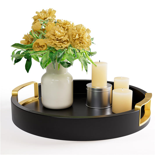 Black Round Decor Tray with Gold Handles