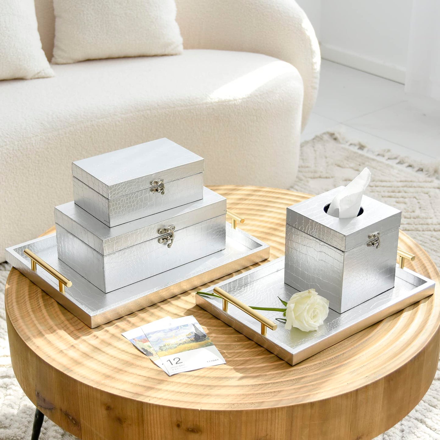 Silver Decorative Storage Boxes, Crocodile Leather with Clasp