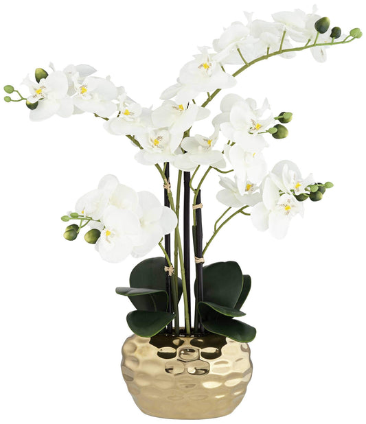 White Orchid Faux Artificial Flowers in Gold Pot
