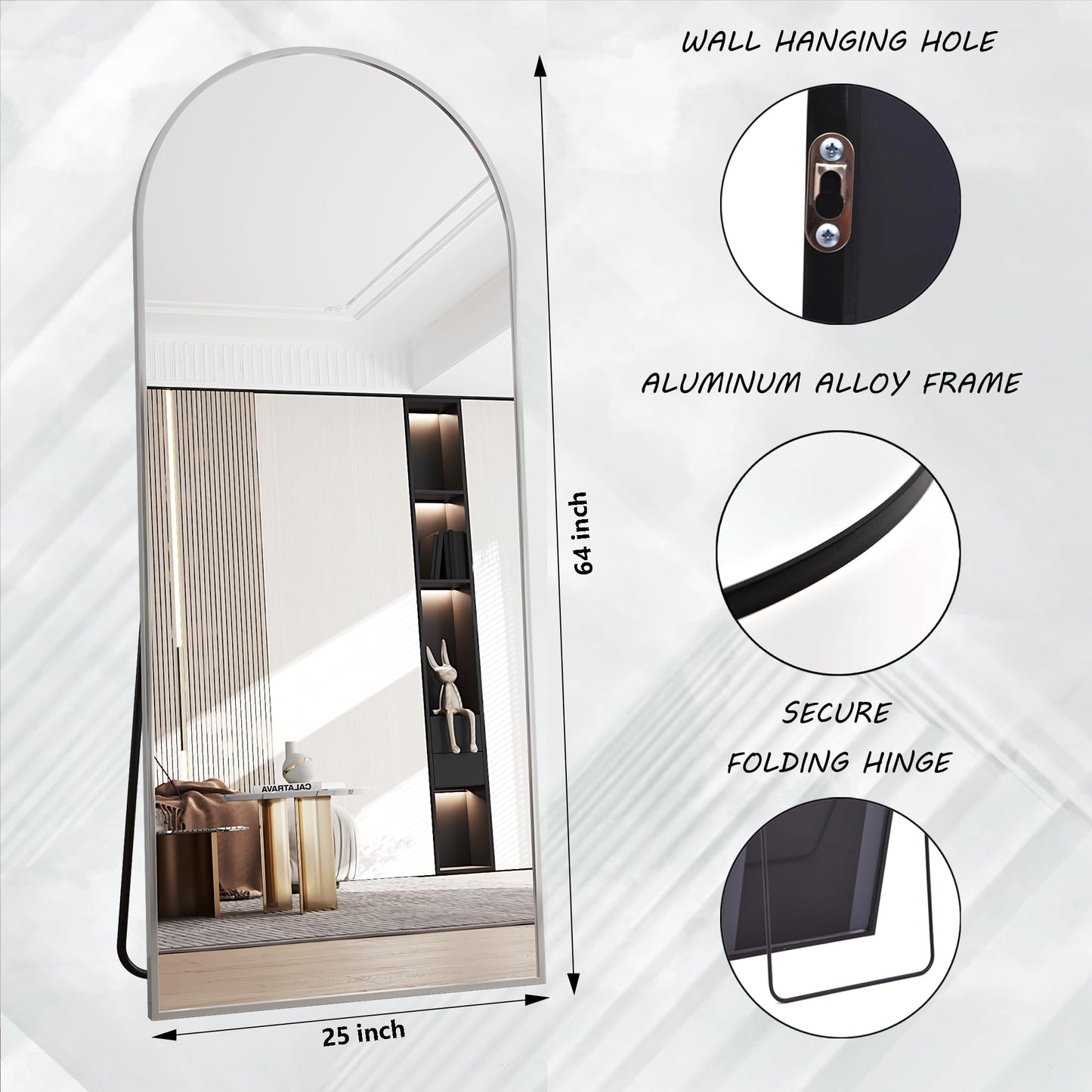 Silver Full Length 65"x24" Mirror, Arched