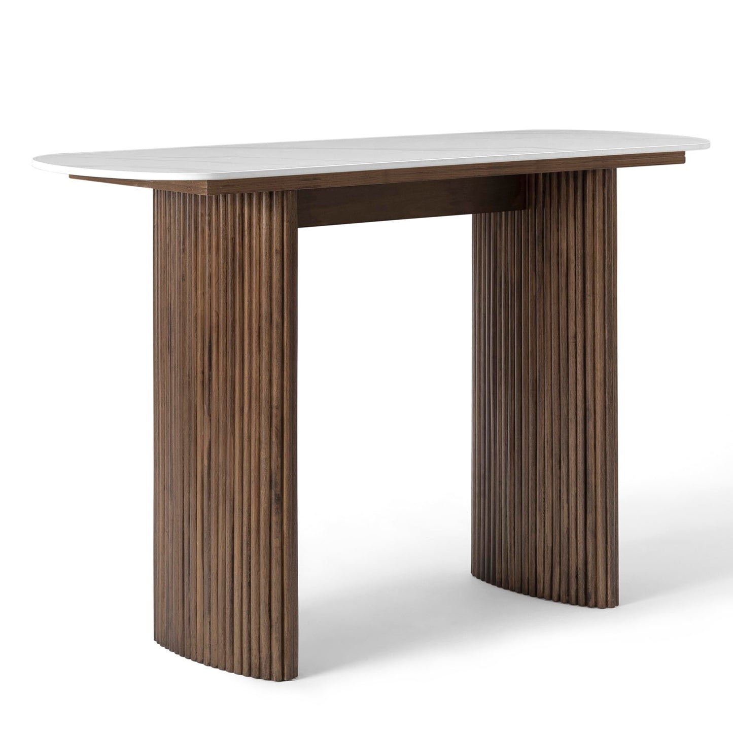 Walnut Brown Console Table with Marble Top, Fluted Solid Wood Base