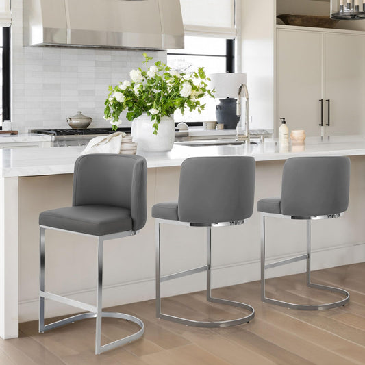 Gray Counter Height Bar Stools, 26" Faux Leather