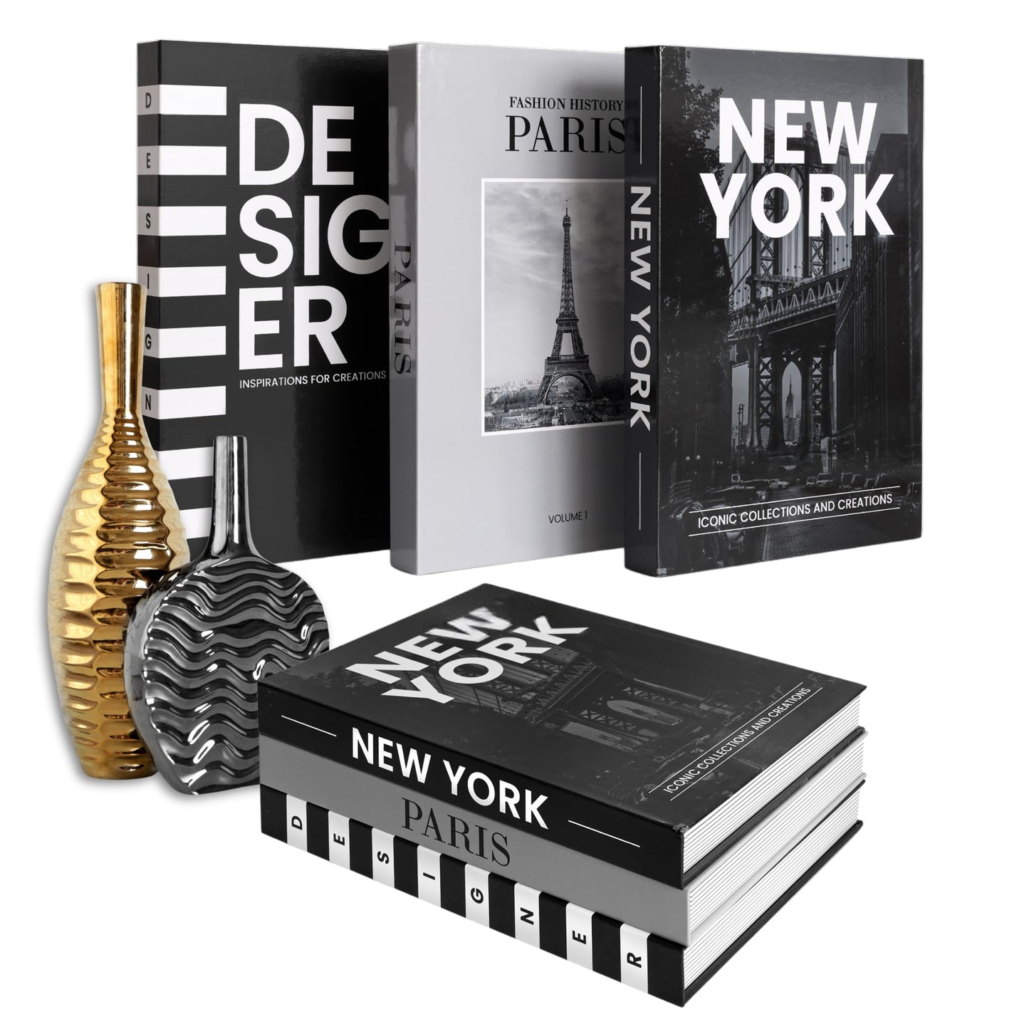 Black and White Fashion Books Decor Set of 3, Hardcover for Home