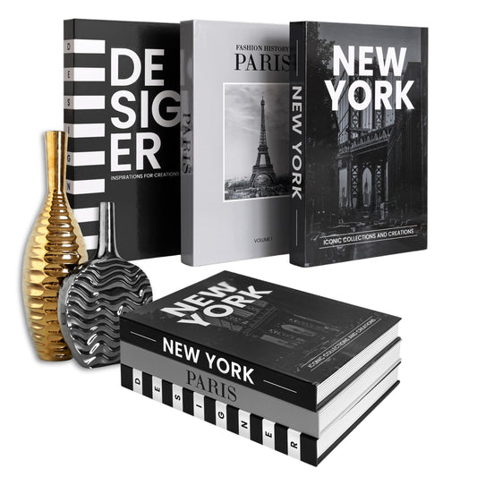 Black and White Fashion Faux Books Set for Decor, Hardcover