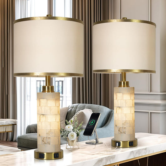 Golden Natural Alabaster Lamp Set of 2 with USB Ports