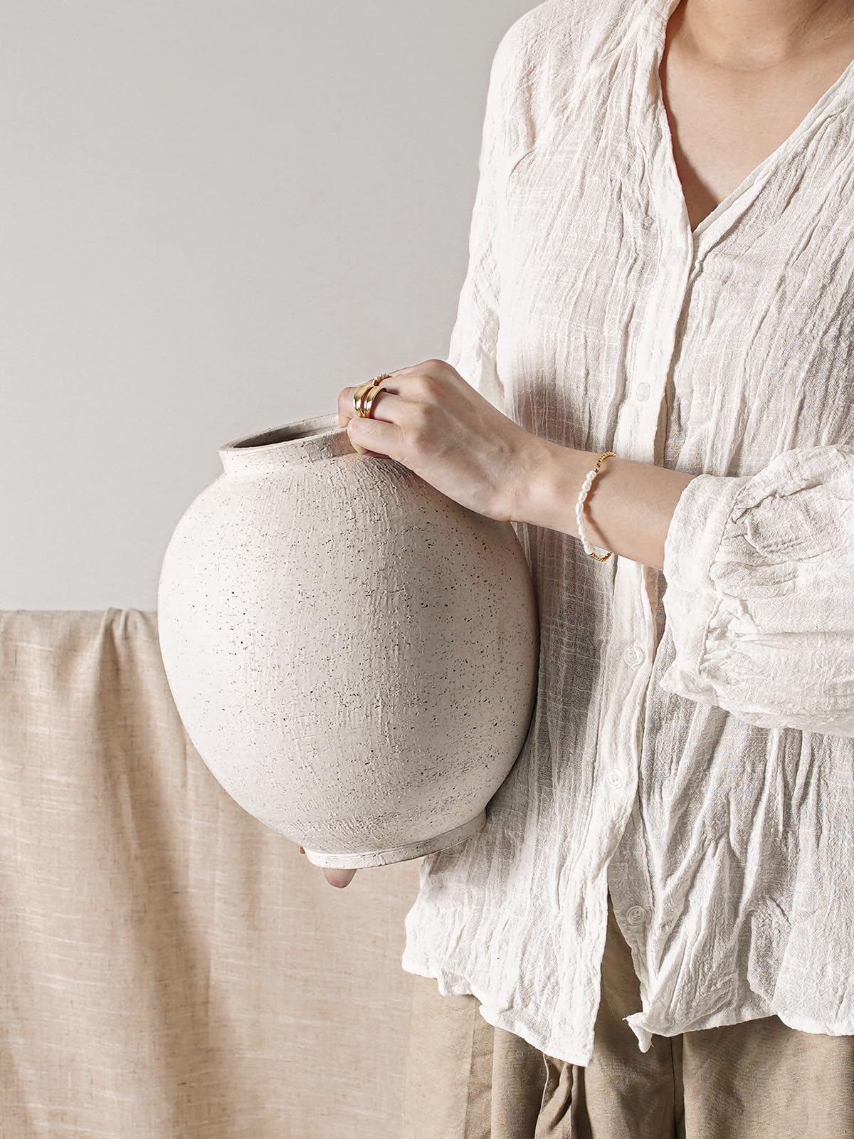White Large Round Ceramic Rustic Vase