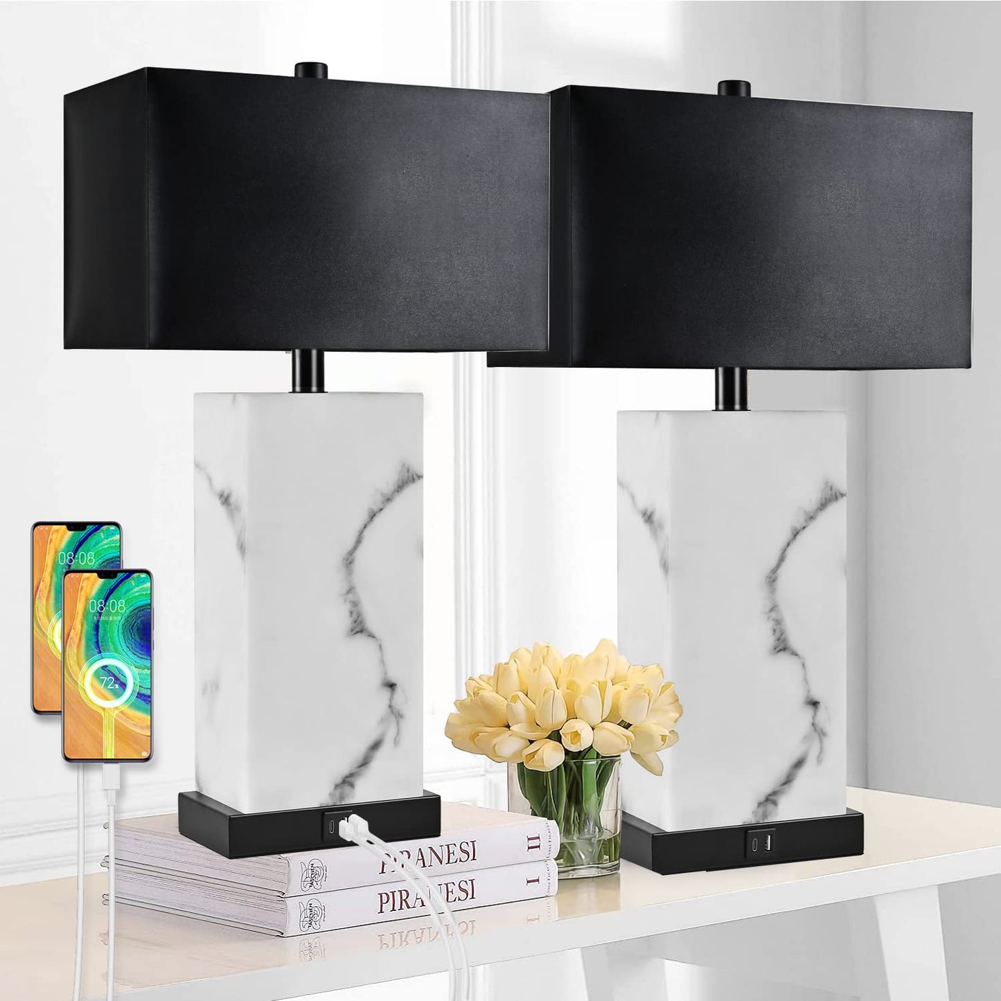 Black Set of 2 Table Lamps with USB Ports, Touch Control
