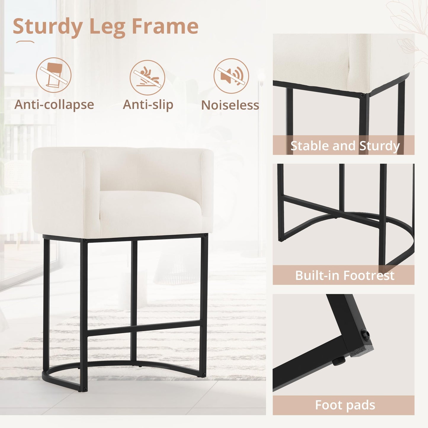 Beige Bar Stools Set of 2, 27" Counter Height, Black Metal Frames