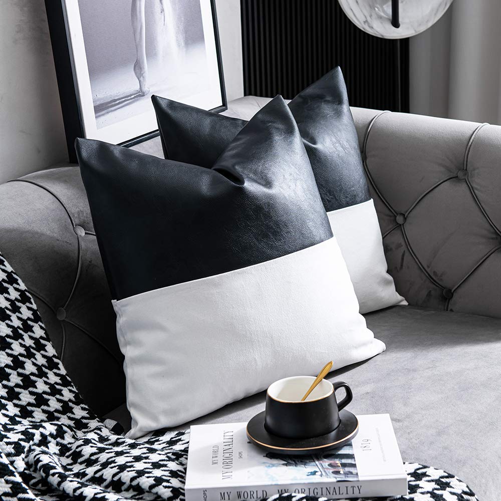 Black and White Faux Leather Throw Pillow Covers, Set of 2