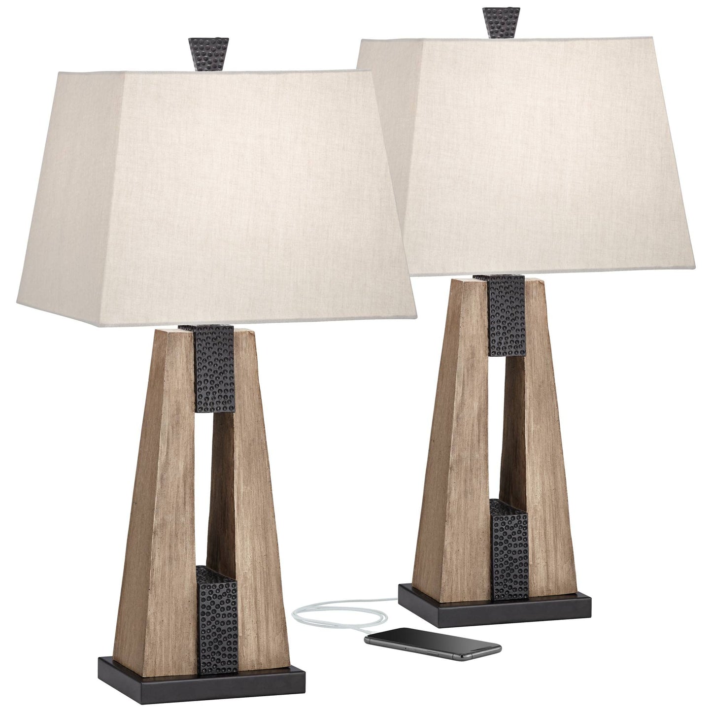 Brown - Oatmeal Wood, Tapered Table Lamps 27" Tall Set of 2 with USB Port