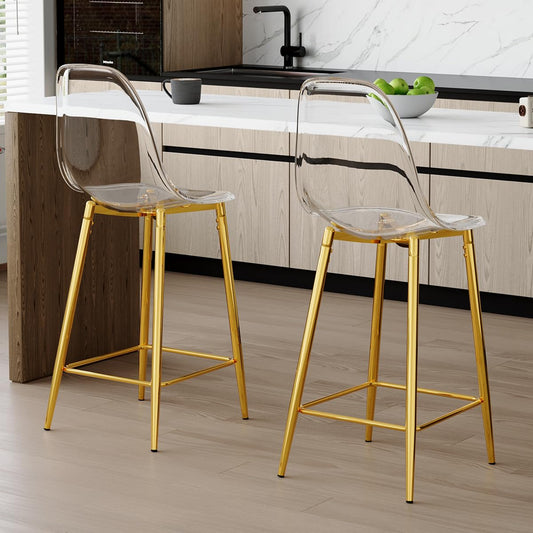 Clear Acrylic Backrest Bar Stools w/Gold Legs, 26" Counter Height