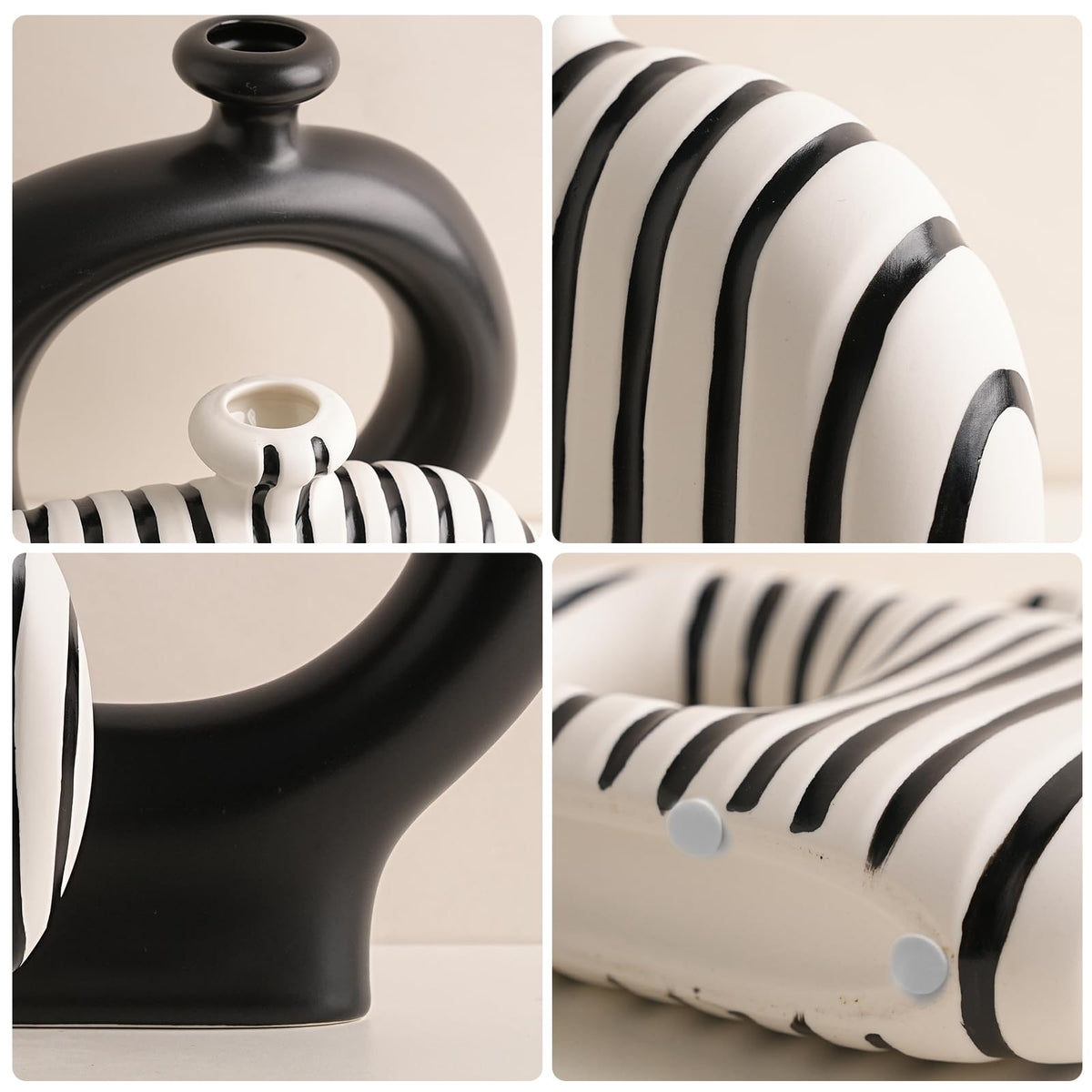 Hollow Ceramic Vases Set of 2, Black & White Striped Modern Geometric Decor