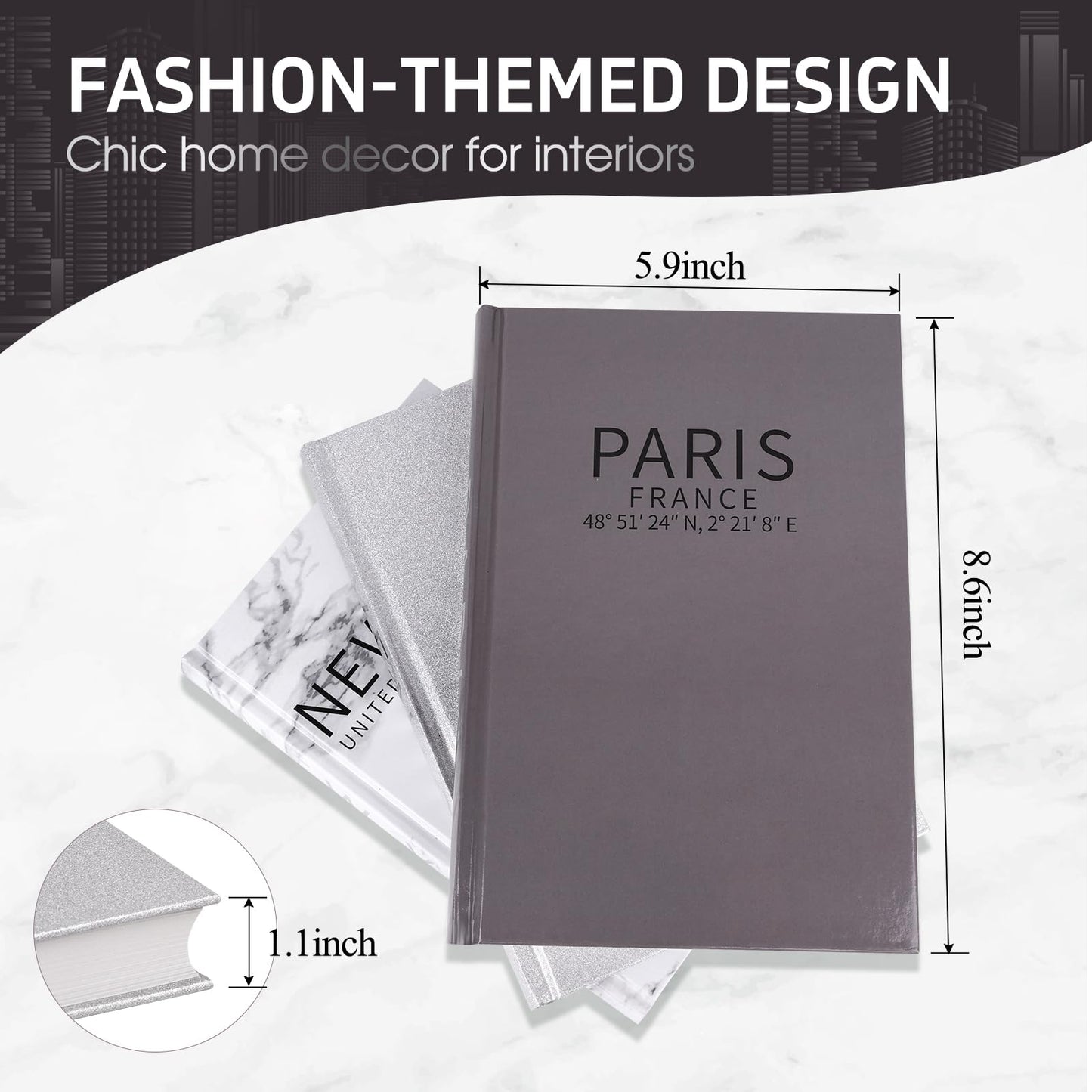Silver Set of 3 Decorative Books for Home Decor, Fashion Themed