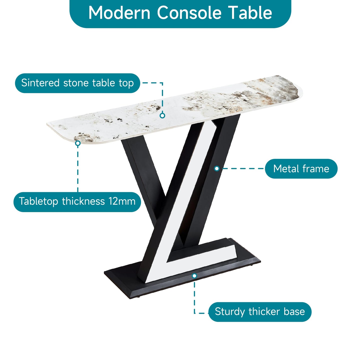 Black Modern Console Table, Sintered Stone with Geometric Shape